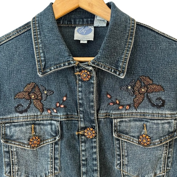 Diane Gilman Women’s Denim Funky Boho Jacket Rhinestone‎ Buttons Beaded Fringe - Picture 3 of 7